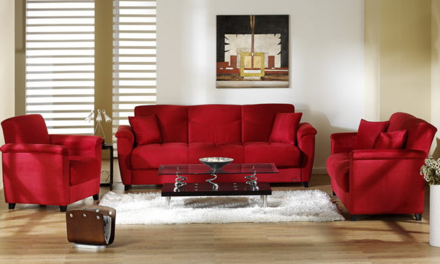 Фото: красная мебель прекрасно сочетается со светлым полом